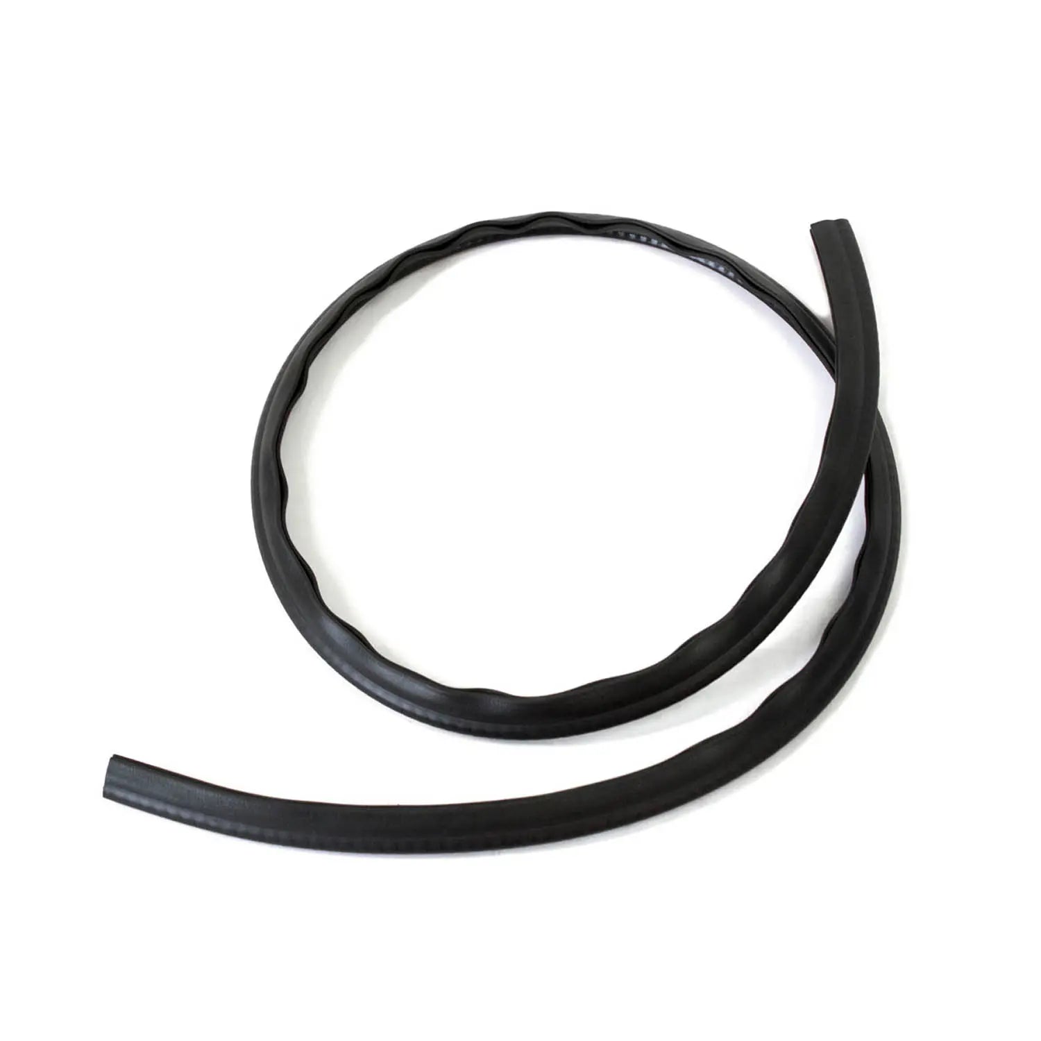 Black flexible rubber trunk seal strip coiled on white background.