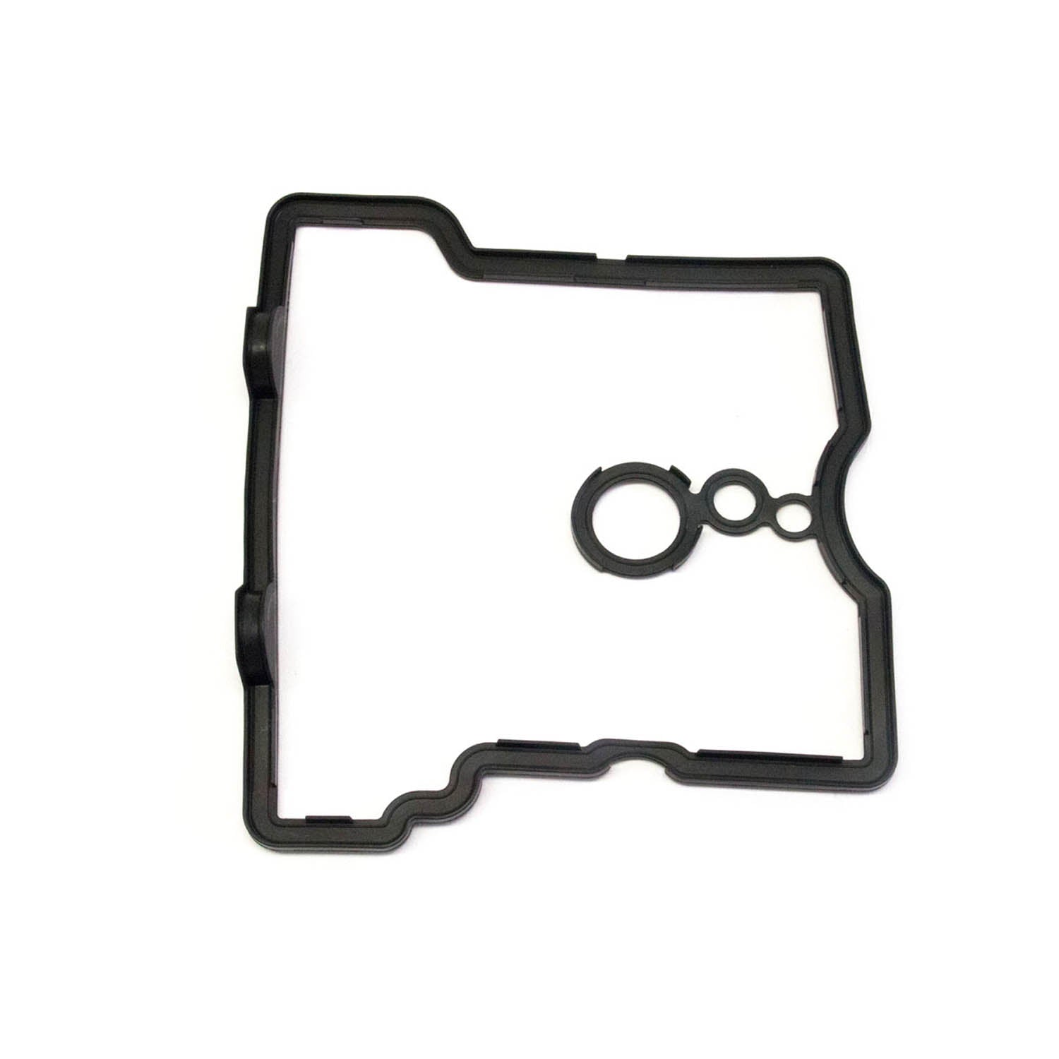 Black rubber valve cover seal with dual circular openings and irregular rectangular shape.