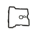 Black rubber valve cover seal with dual circular openings and irregular rectangular shape.
