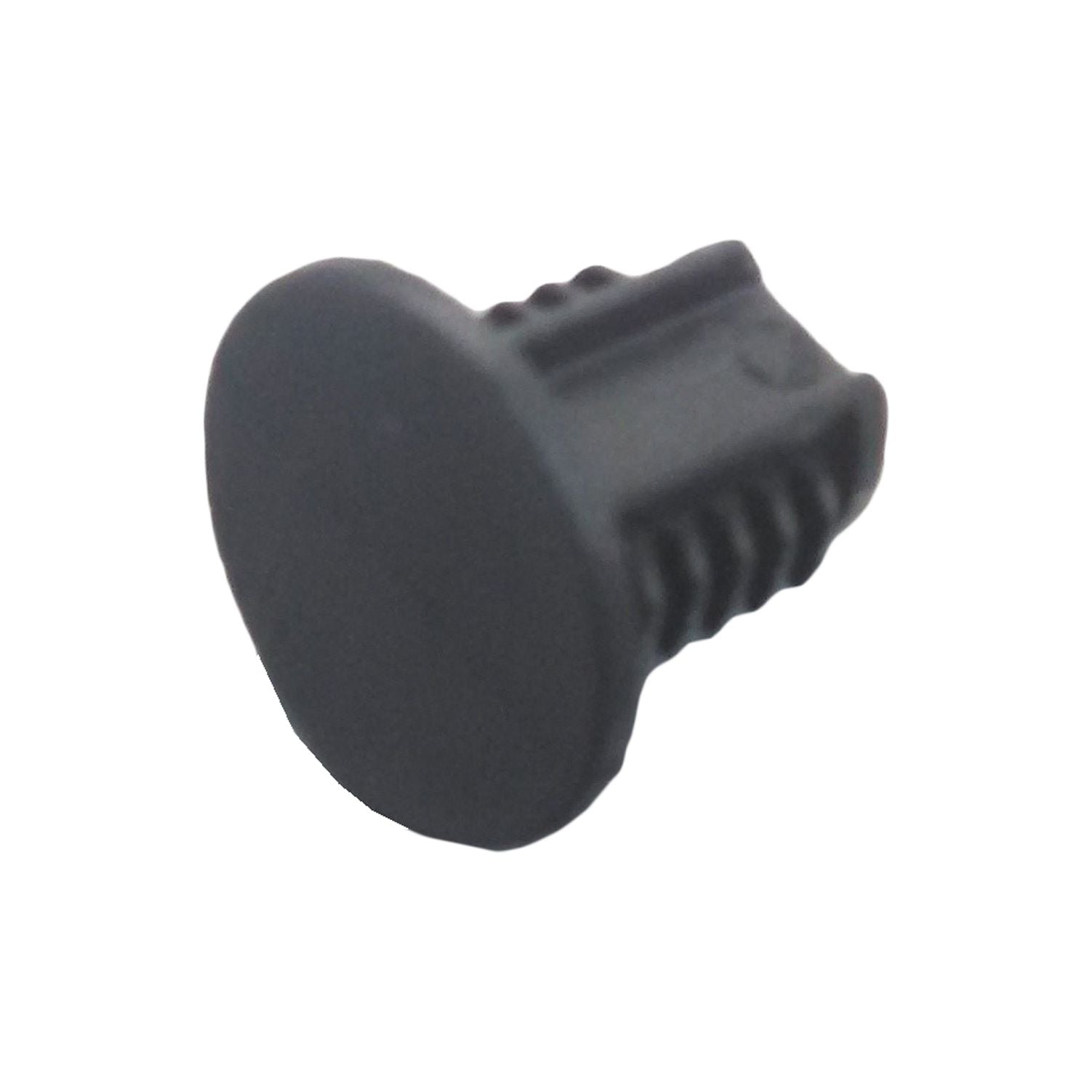 Black nylon round plug with ridged tapered shaft for secure fit.
