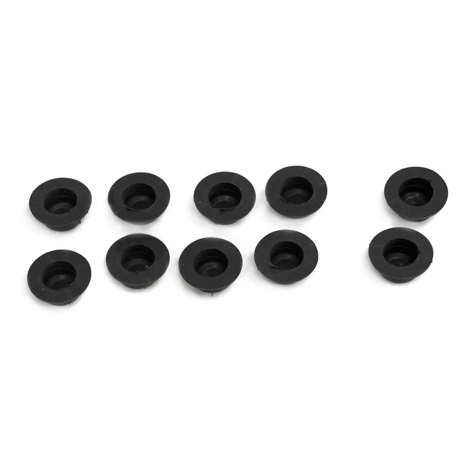 Ten small, round black rubber grommets—genuine Cap, Pvc by Polaris—are arranged in two uneven rows on a white background. Ideal replacements for Victory motorcycle maintenance or OEM Polaris parts.