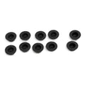 Ten small, round black rubber grommets—genuine Cap, Pvc by Polaris—are arranged in two uneven rows on a white background. Ideal replacements for Victory motorcycle maintenance or OEM Polaris parts.