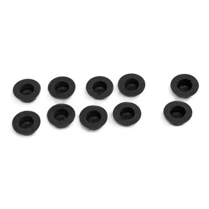 Ten small, round black rubber grommets—genuine Cap, Pvc by Polaris—are arranged in two uneven rows on a white background. Ideal replacements for Victory motorcycle maintenance or OEM Polaris parts.