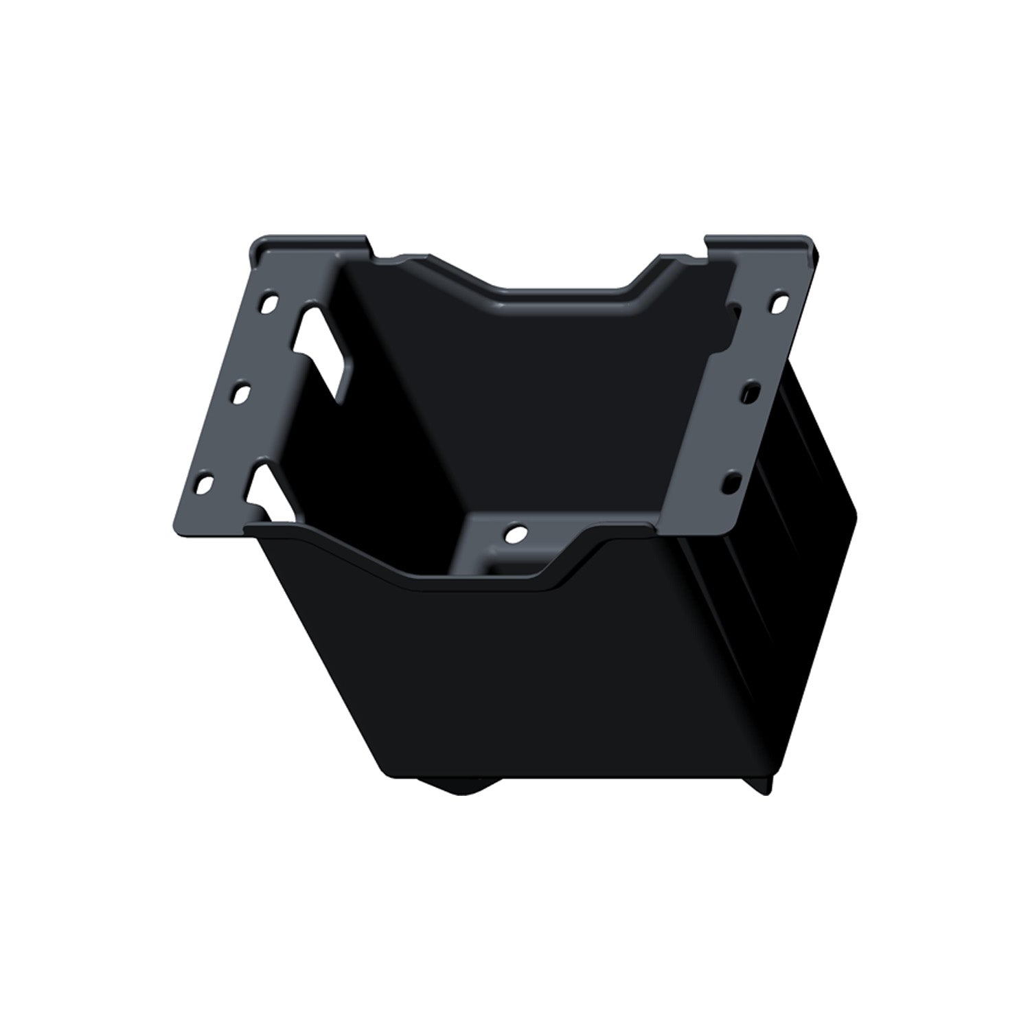 Black rectangular metal battery box with mounting brackets and pre-drilled holes for Polaris UTVs.