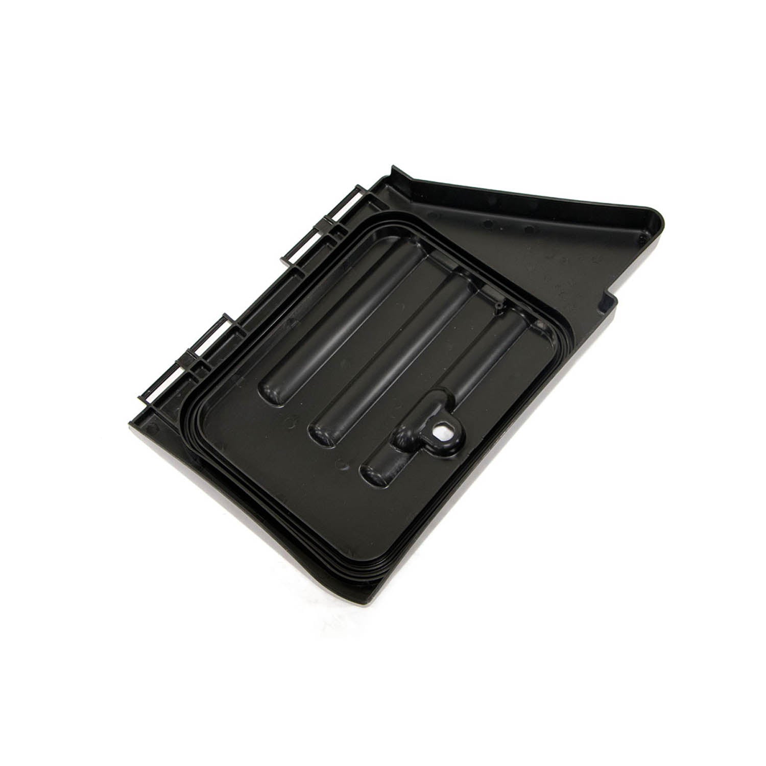 Black hard plastic storage box cover with ridged design and secure latch for Polaris UTVs.