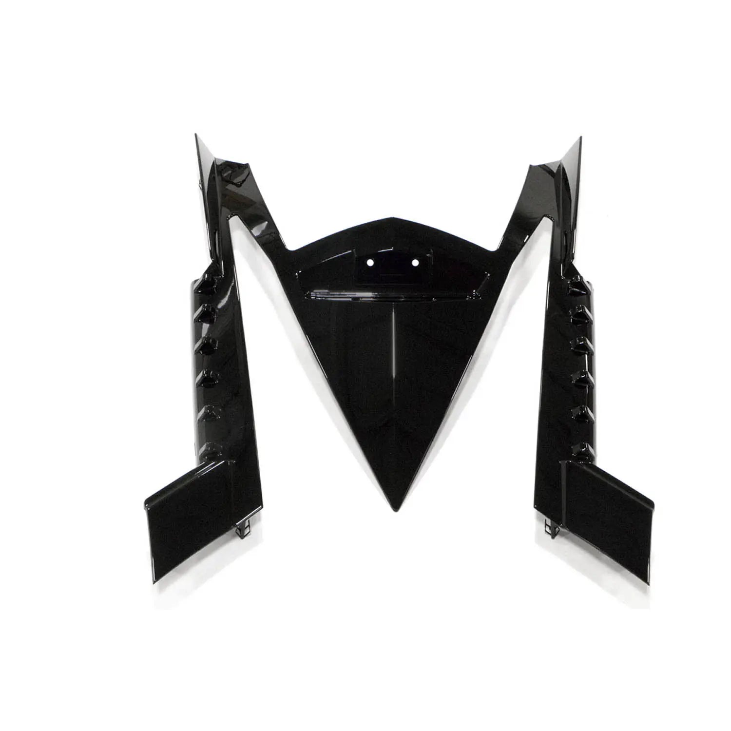 Glossy black plastic rear fender closeoff panel set with integrated trim clips for motorcycle fitment.