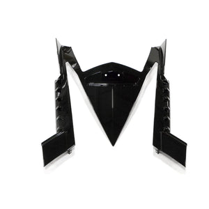Glossy black rear fender closeout for motorcycle with angular design and integrated trim clips.