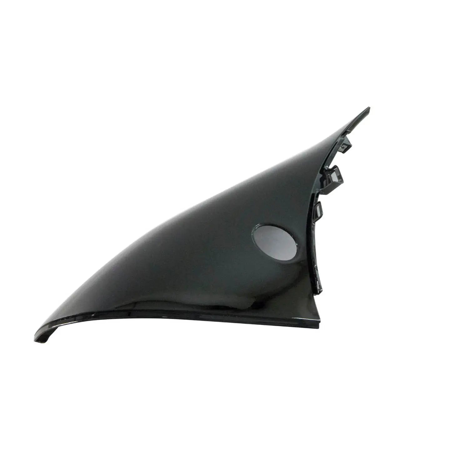 Glossy black right front fairing panel for motorcycle with smooth curved design and mounting points visible.
