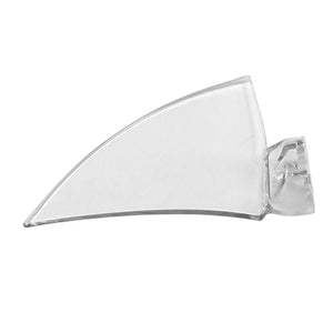 Clear triangular motorcycle wind deflector with angled edge and mounting bracket.