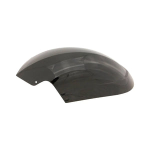Glossy black curved front motorcycle fender with mounting holes, smooth aerodynamic design.