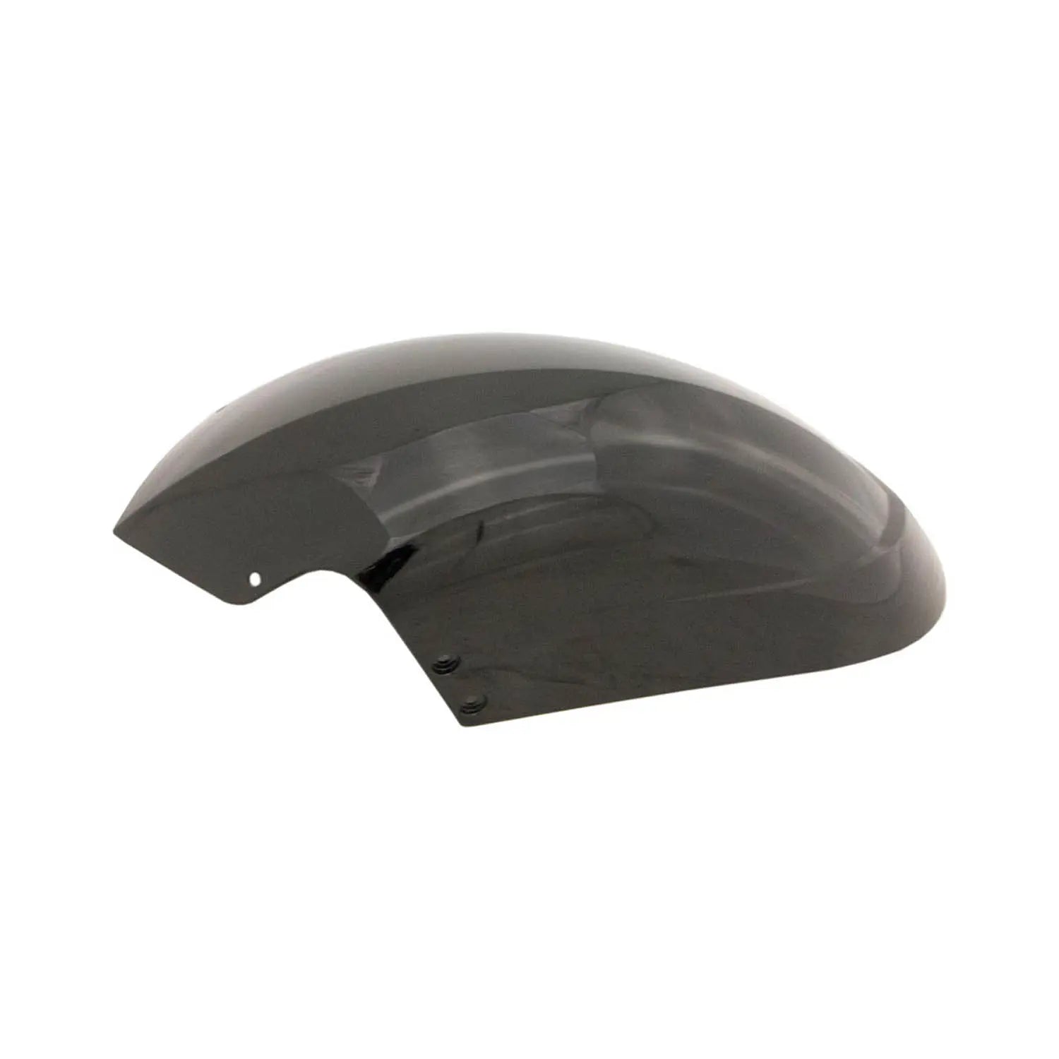 Glossy black front half motorcycle fender with smooth aerodynamic curve and pre-drilled mounting holes.