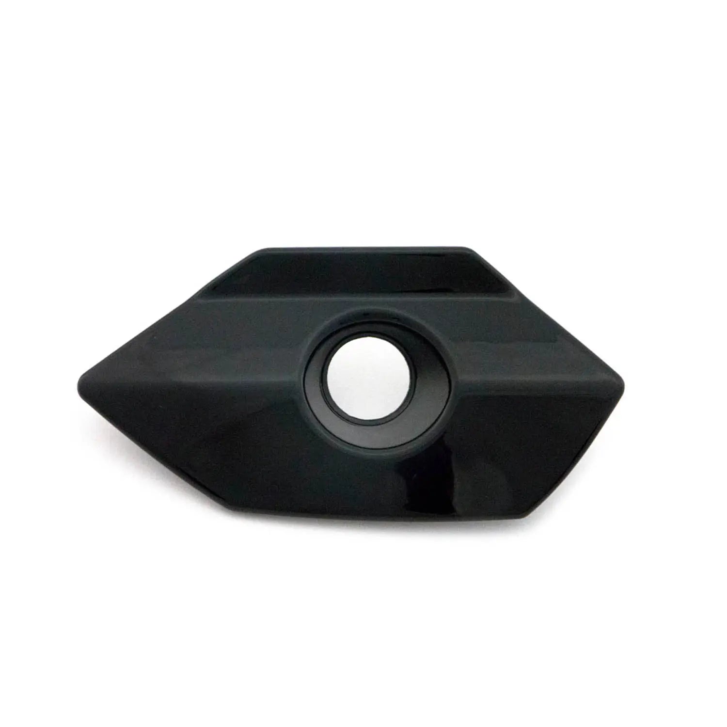 Black angular saddlebag lock bezel with central circular hole, matte and glossy finish.