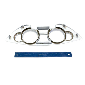 Chrome gauge bezel with dual circular openings and angular metal frame for Victory Vision motorcycles, shown with blue ruler