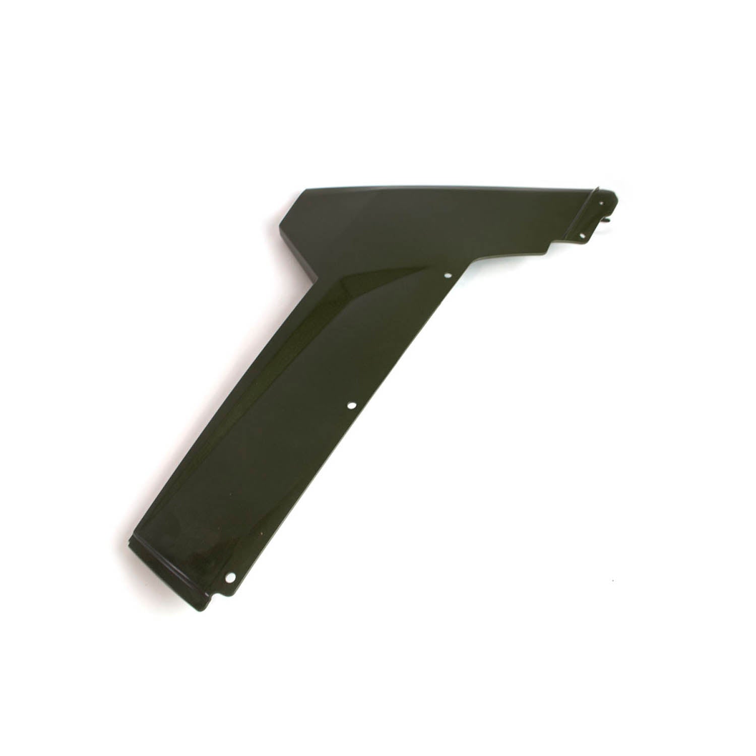 Matte dark green rear fender panel with angular shape, mounting holes, and smooth surface.