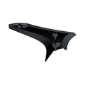 Glossy black left forged metal highway bar cover with three mounting clips.