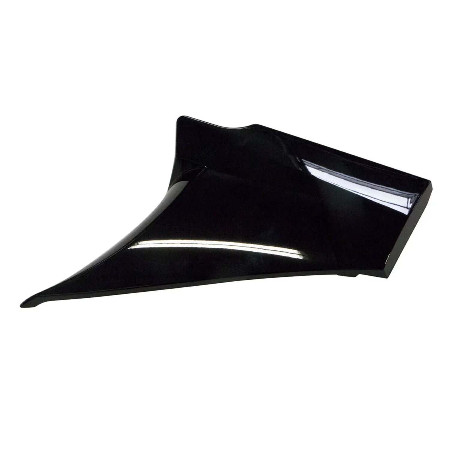 Glossy black molded plastic motorcycle body side cover with aerodynamic contour and mounting points.