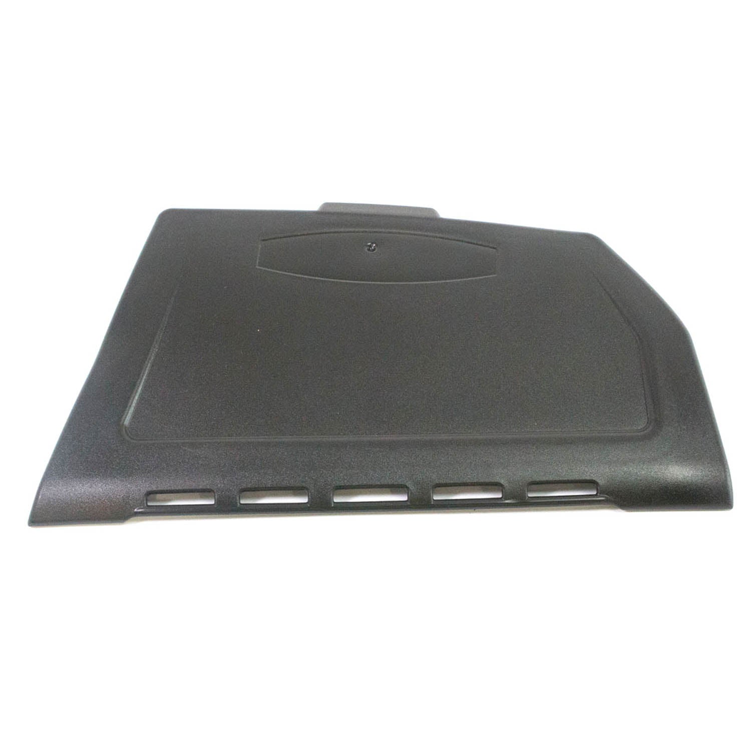 Glossy black hard plastic glovebox cover with vent slots and raised center panel.