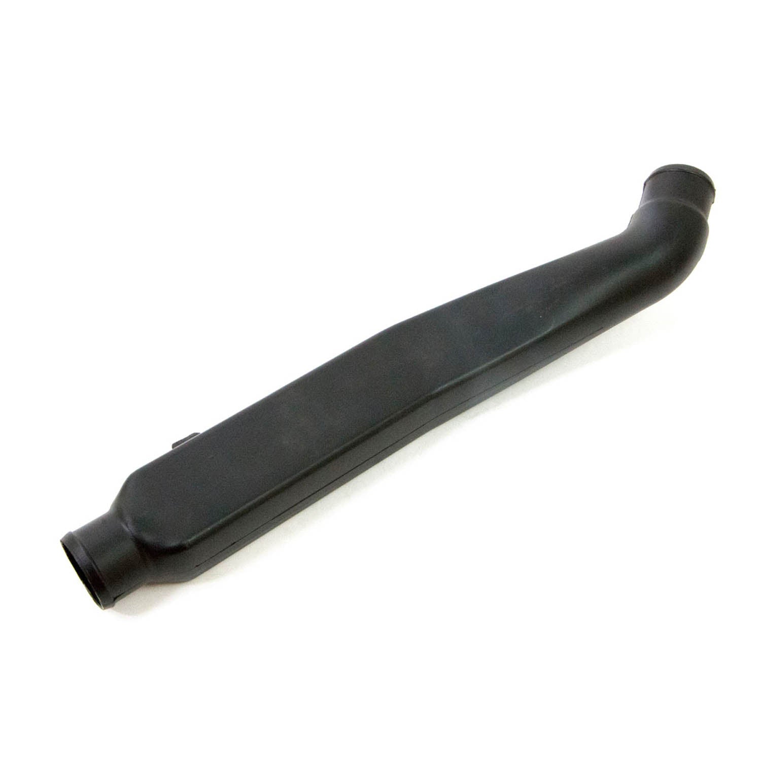 Black molded plastic rear lower air intake duct with curved elongated shape and cylindrical ends.