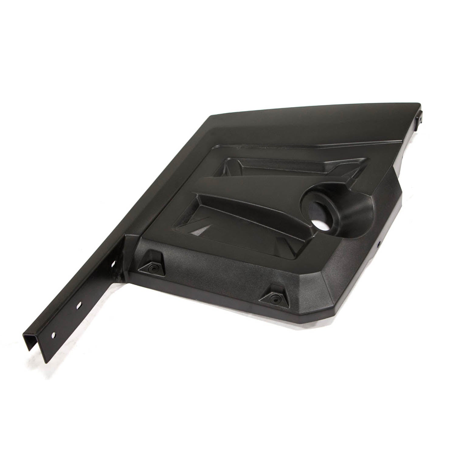 Gloss black rear fender for Polaris Ranger, molded plastic with mounting points and angled design.