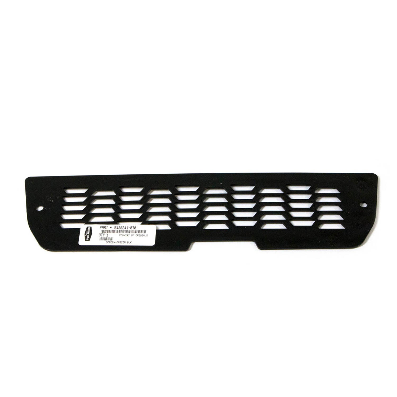 Gloss black rectangular fascia screen with horizontal slotted vents and mounting holes.