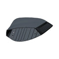 Black hard plastic motorcycle saddlebag bin with angular design and ribbed bottom panel.