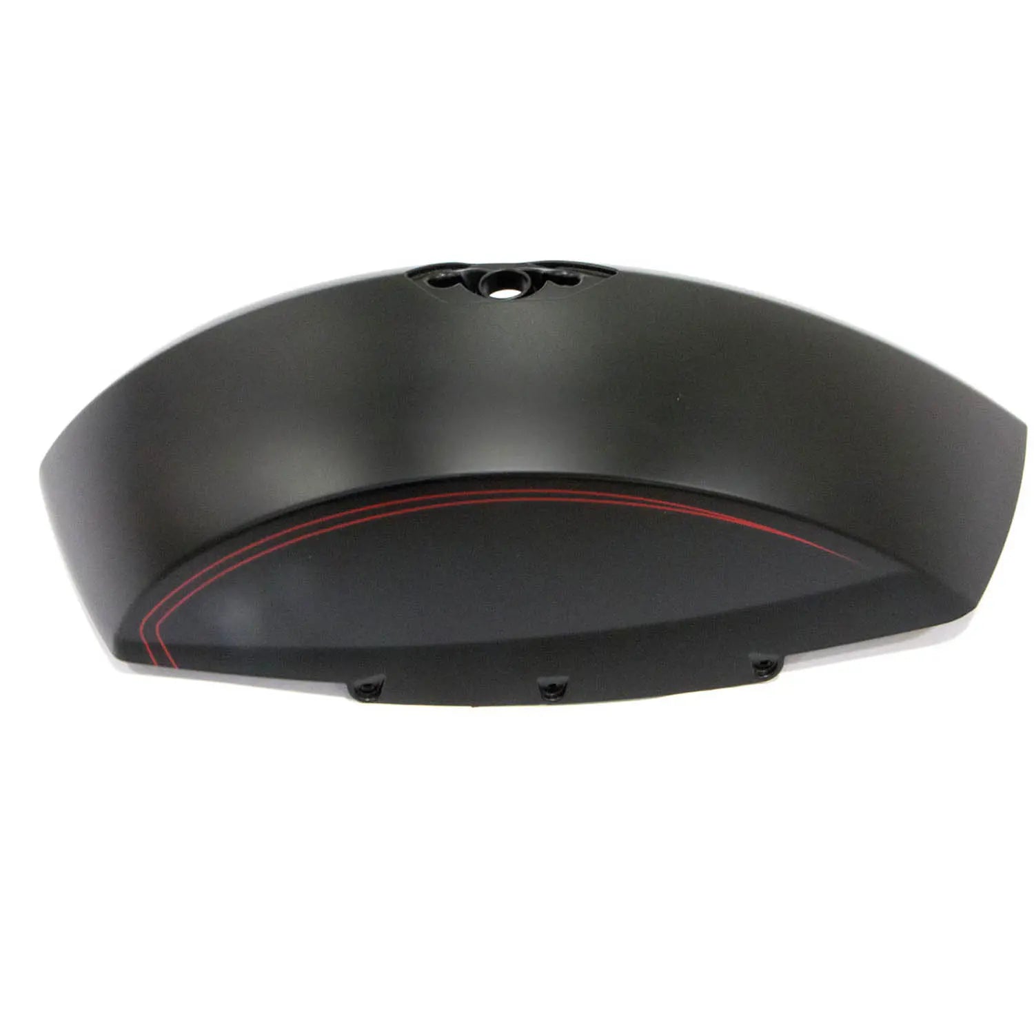 Matte black left saddlebag lid with subtle red accent lines and integrated lock for Victory motorcycles.