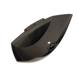 Black hard plastic left saddlebag lid with curved aerodynamic shape and mounting points.