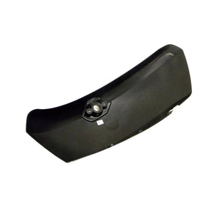Matte black contoured motorcycle saddlebag lid with central locking mechanism and smooth surface.