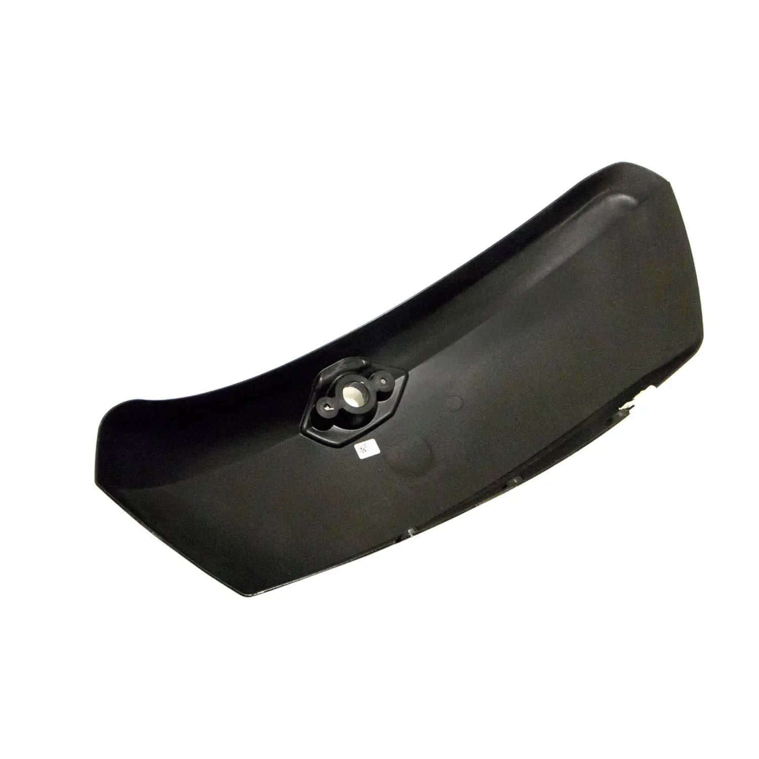 Black hard plastic right saddlebag lid with smooth matte finish and mounting hardware hole.