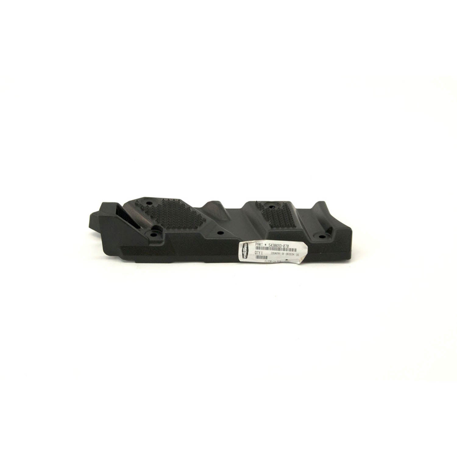Glossy black molded plastic floor panel with textured grip sections and mounting points.
