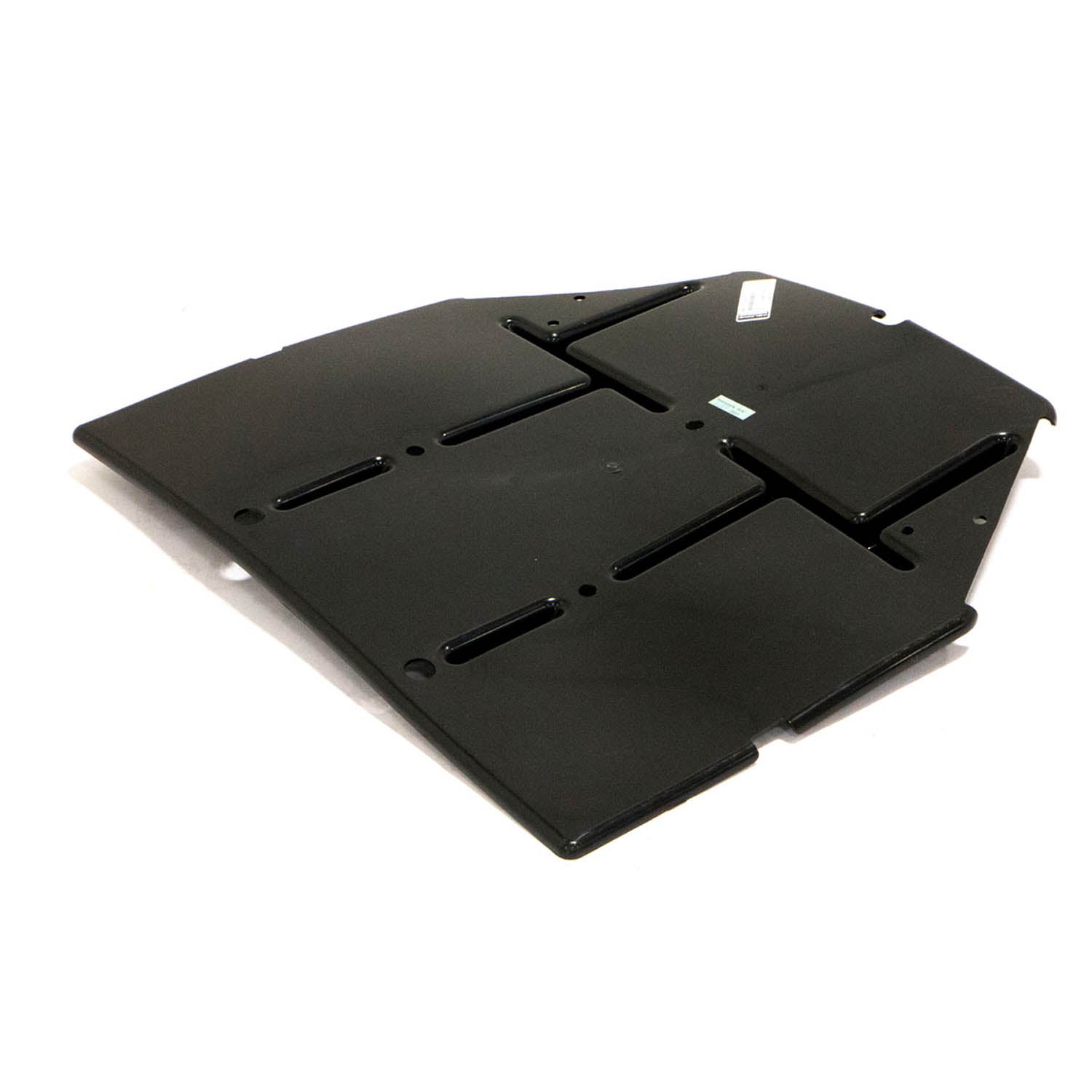 Black molded plastic battery tub with slots and raised edges designed for Polaris UTVs.
