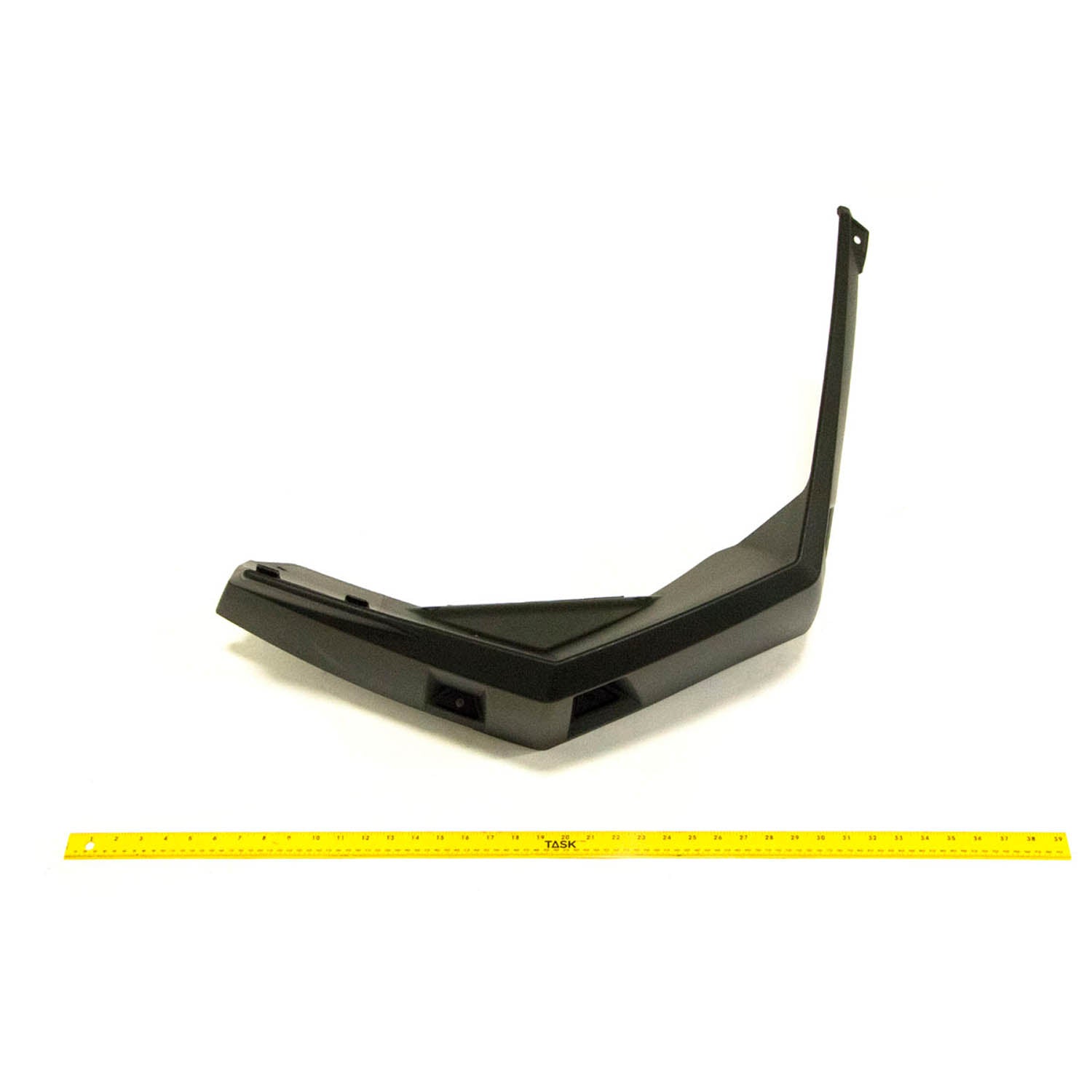 Black angular plastic fender flare for front left side with mounting holes and textured finish.