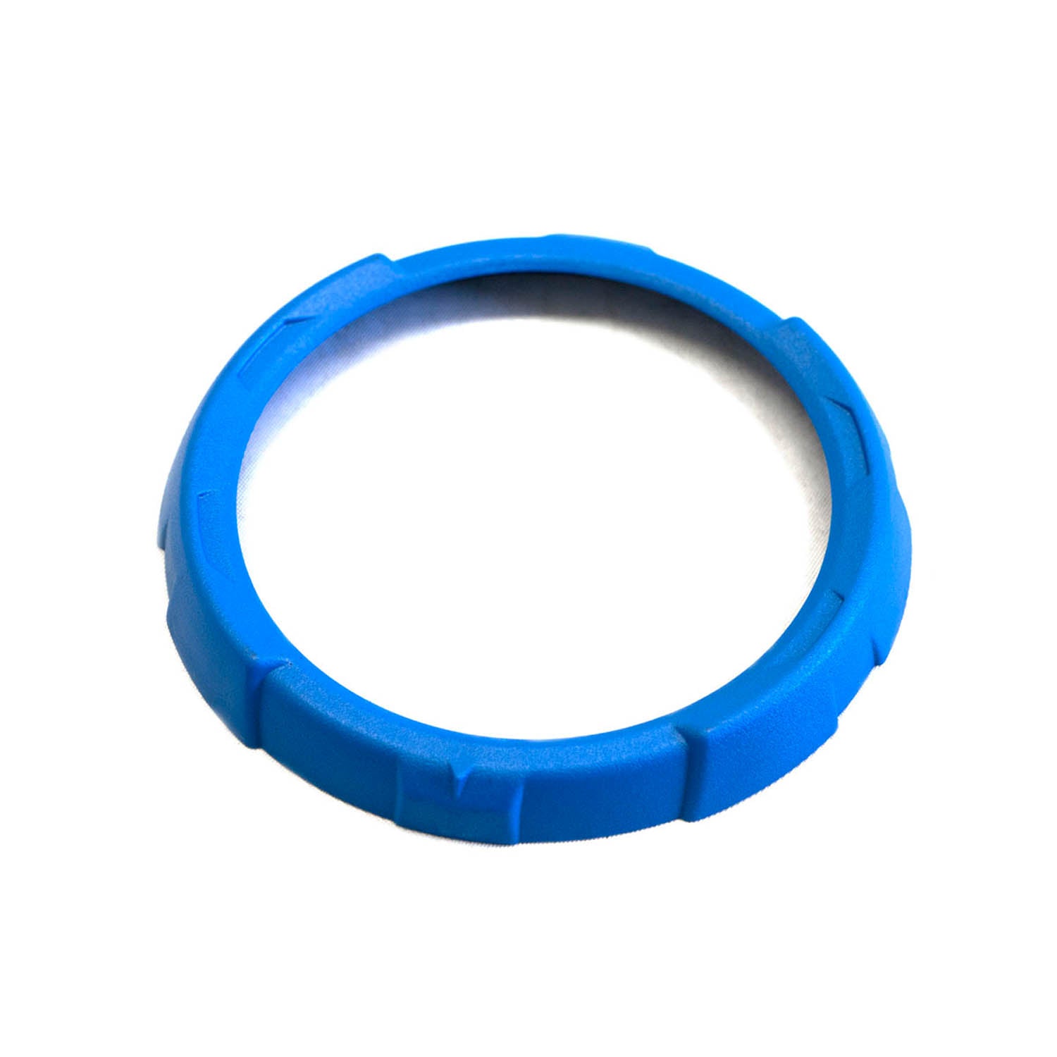 Round blue plastic bezel with textured grip sections for instrument cluster mounting.