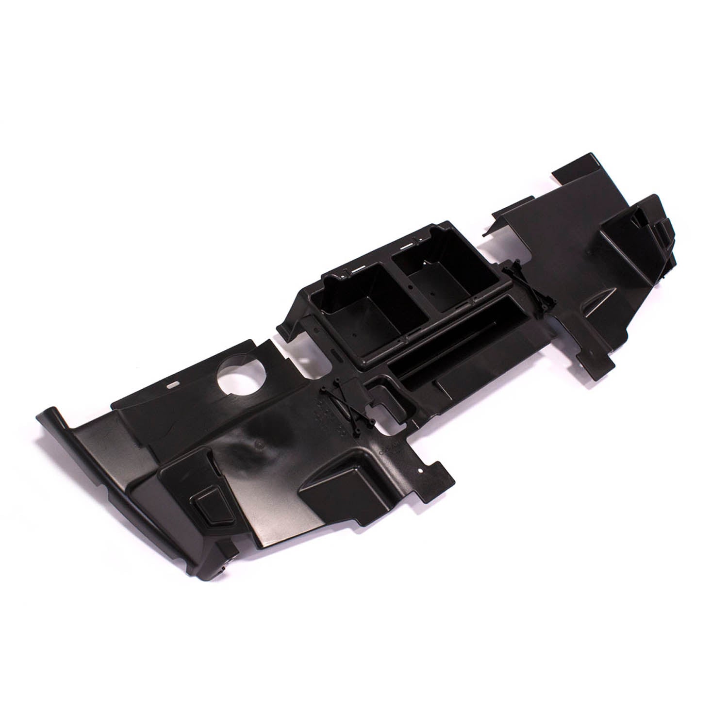 Black molded plastic hood liner with precise cutouts and mounting points for Polaris UTV models.