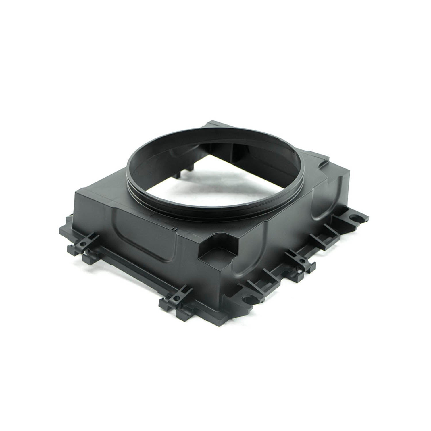 Black plastic square airbox base with circular central opening and mounting tabs.