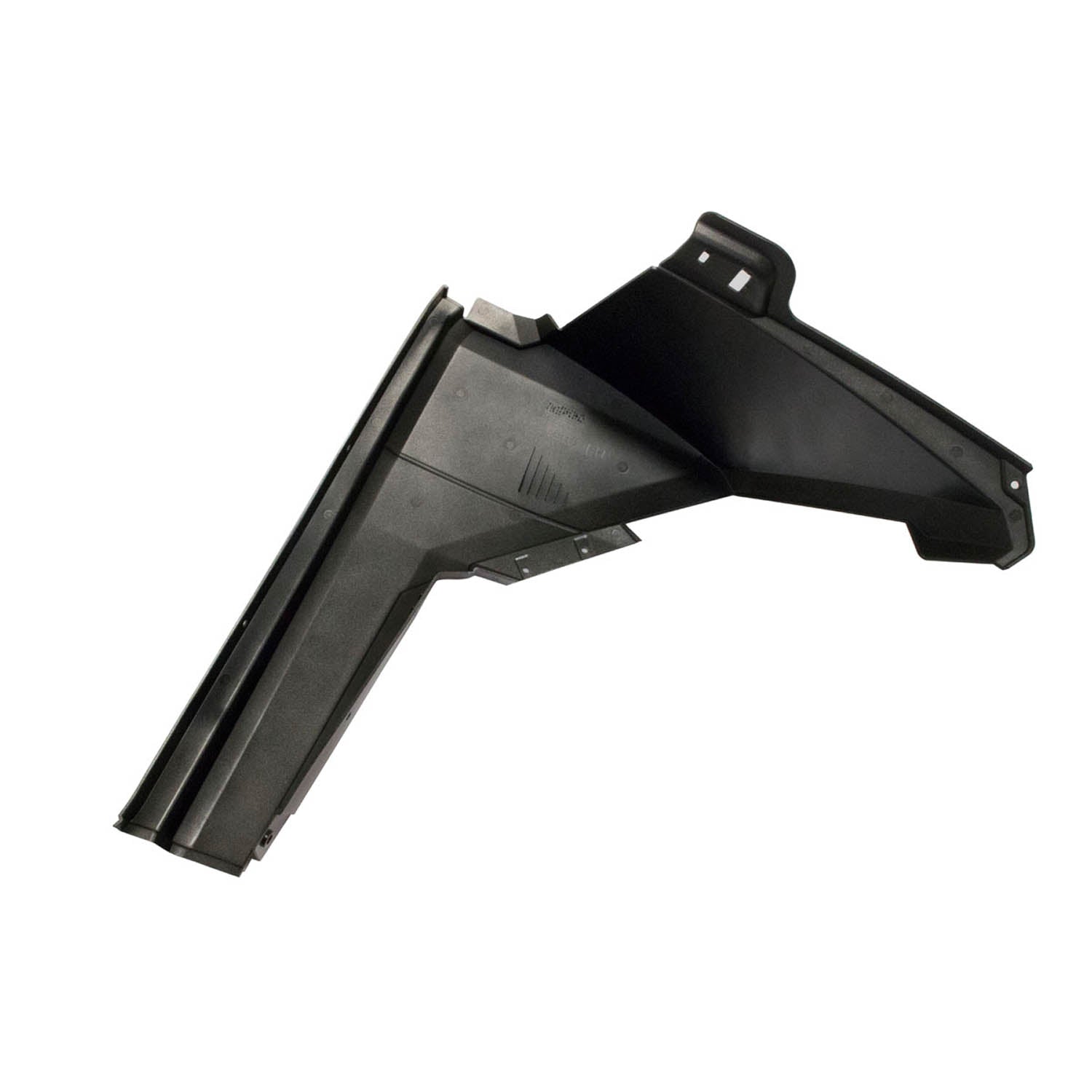 Black angular plastic front left fender with mounting holes for Polaris UTV.