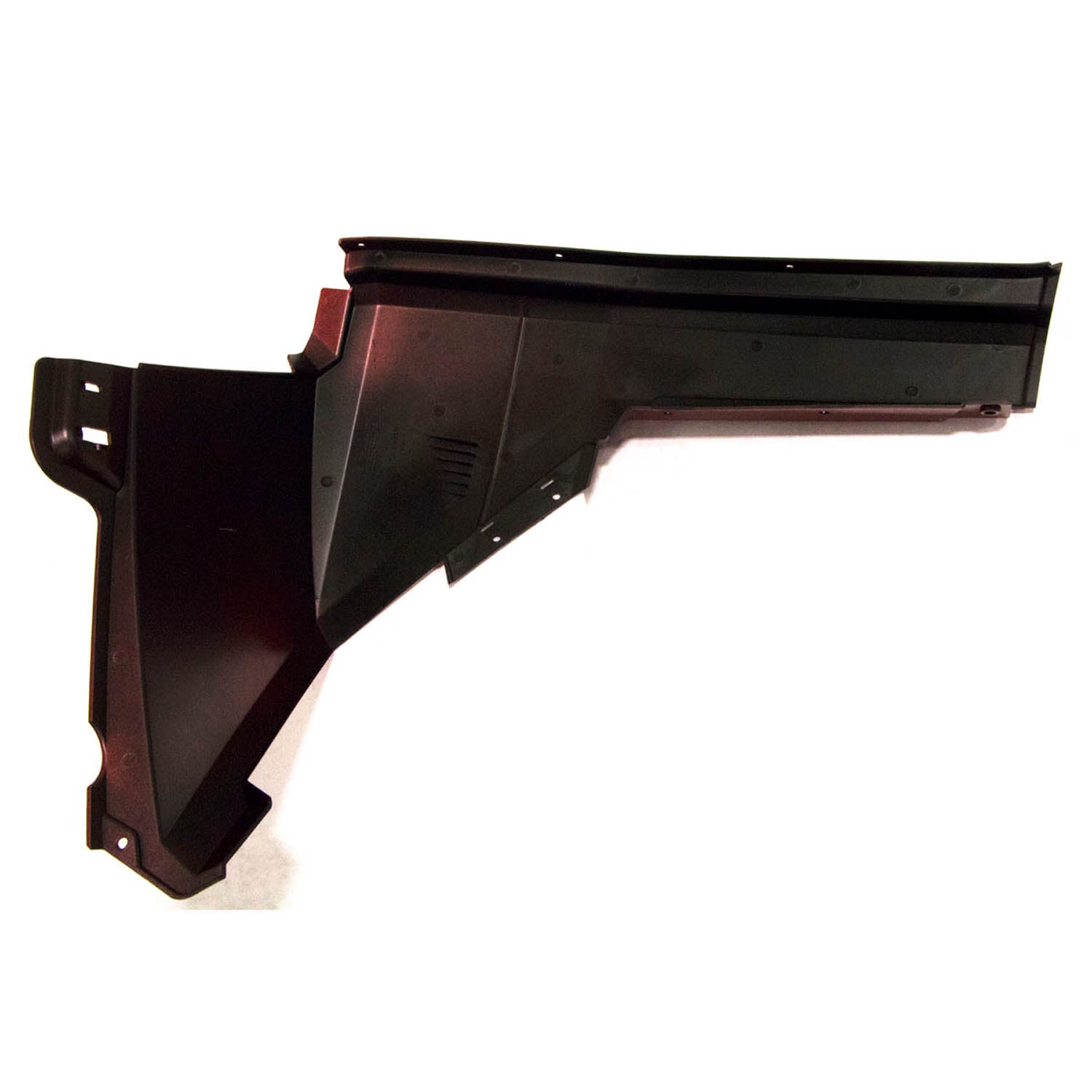 Black plastic rear front fender with angular shape and mounting holes for Polaris UTV.