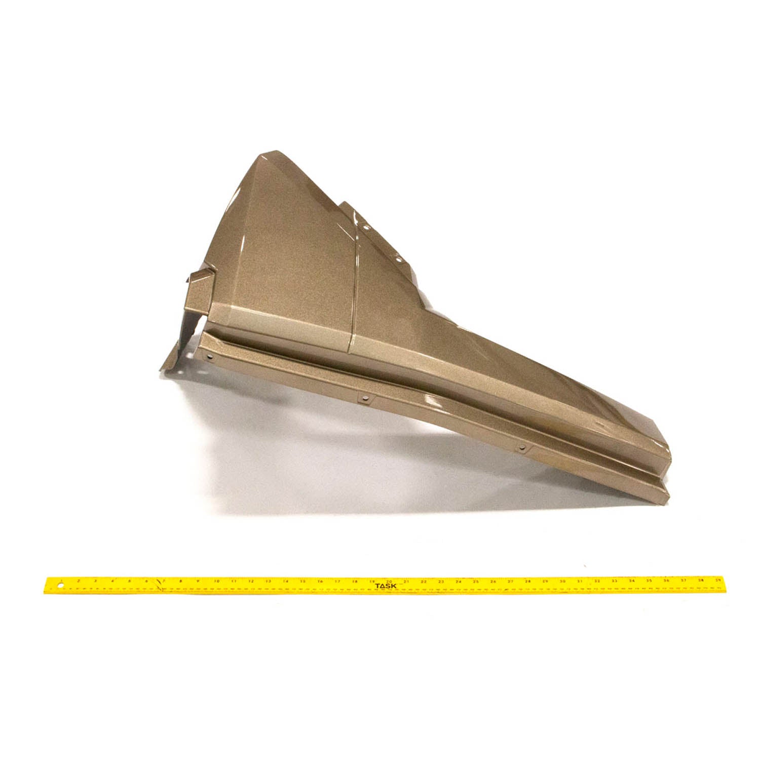 Tan-colored hard plastic front fender with angular contours and mounting points for UTV use.