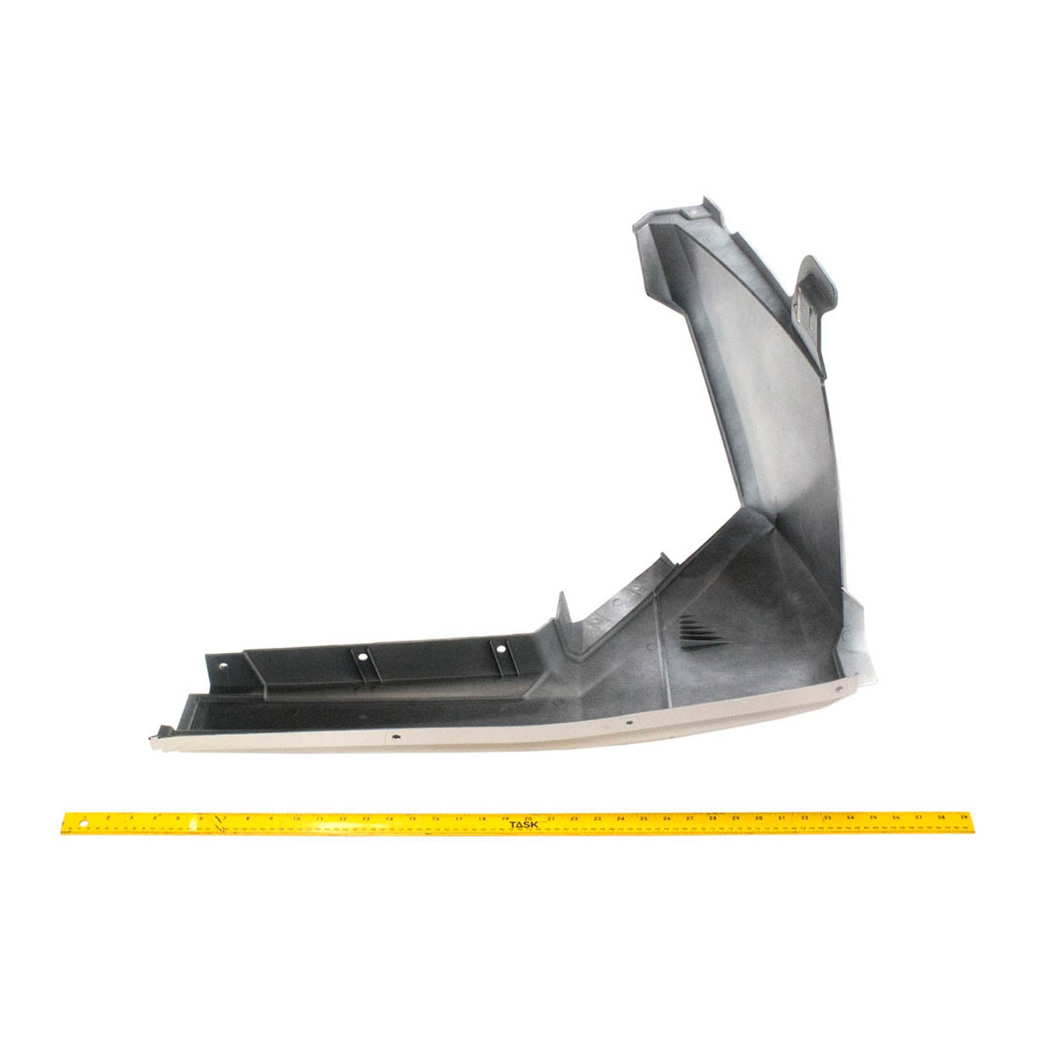 Black plastic front right fender for Polaris UTV with contoured and angular design.