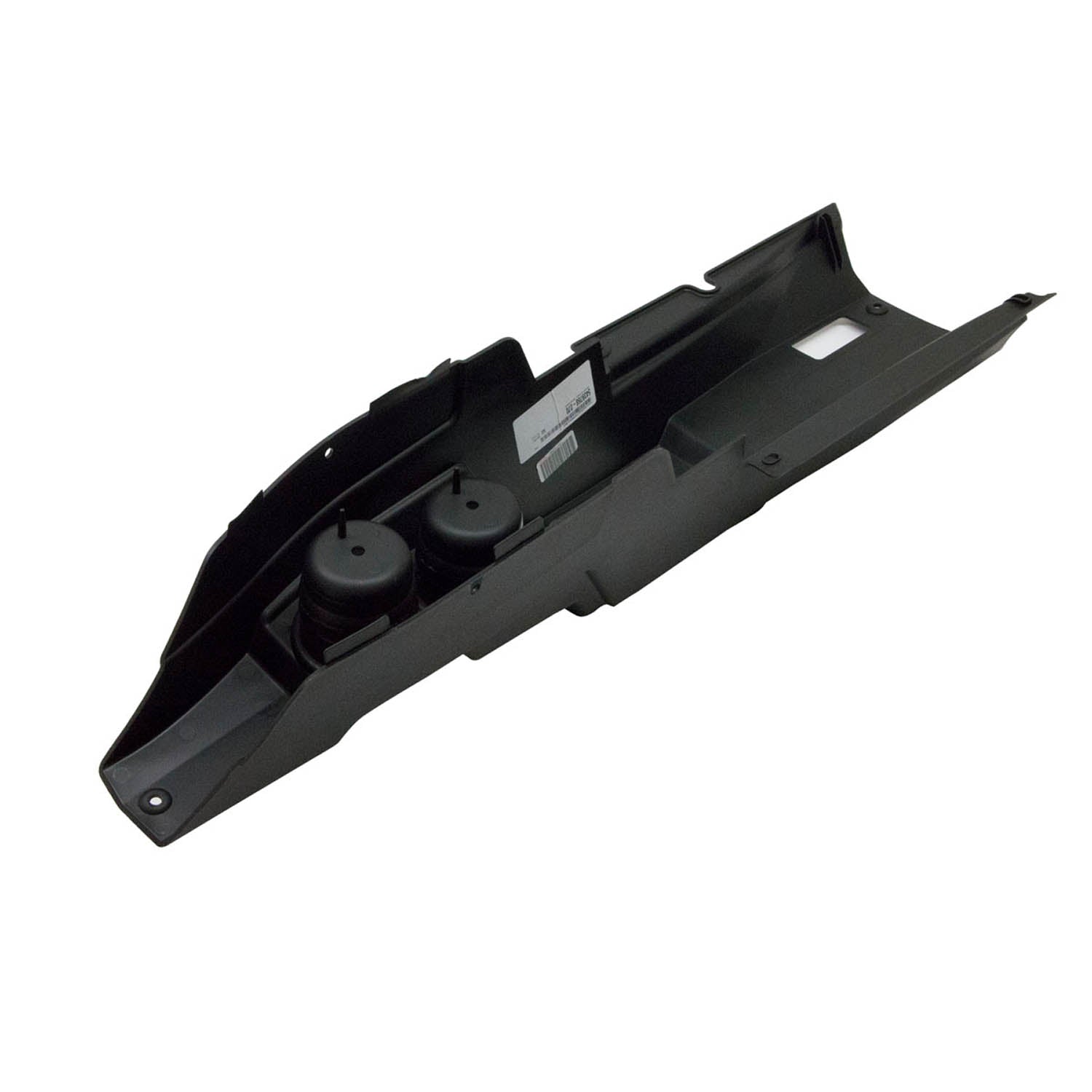 Gloss black plastic console panel with molded mounts and mounting holes for Polaris off-road vehicles.