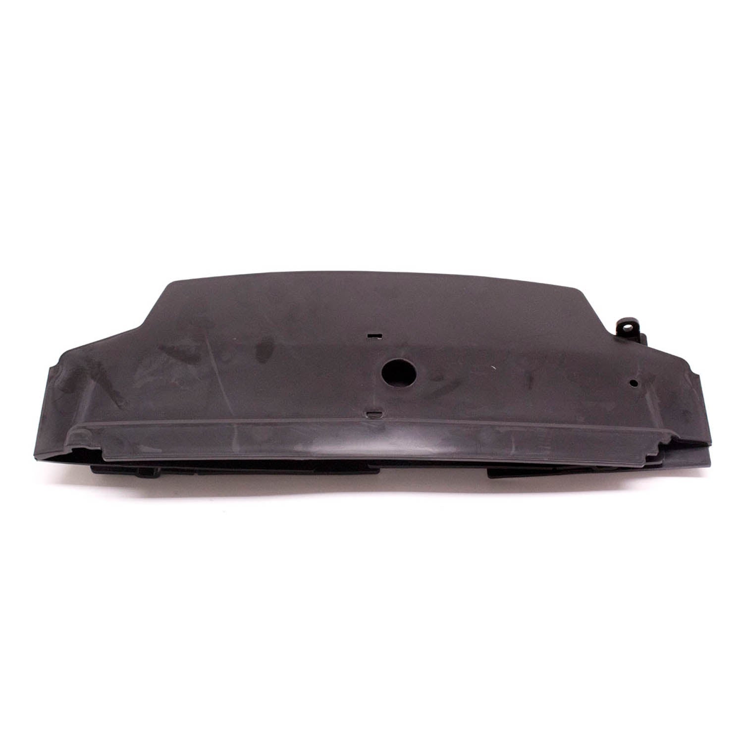 Gloss black front radiator shroud for Polaris UTV with central mounting hole and sleek contoured design.
