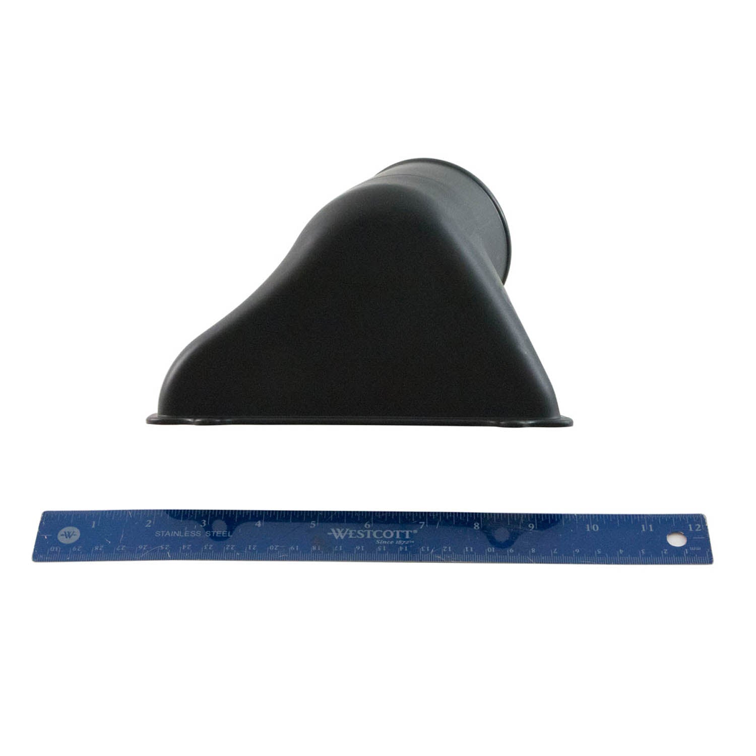 Black molded plastic air inlet clutch duct with triangular shape and curved top next to blue 12-inch ruler.