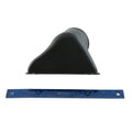 Black molded plastic air inlet clutch duct with triangular shape and curved top next to blue 12-inch ruler.