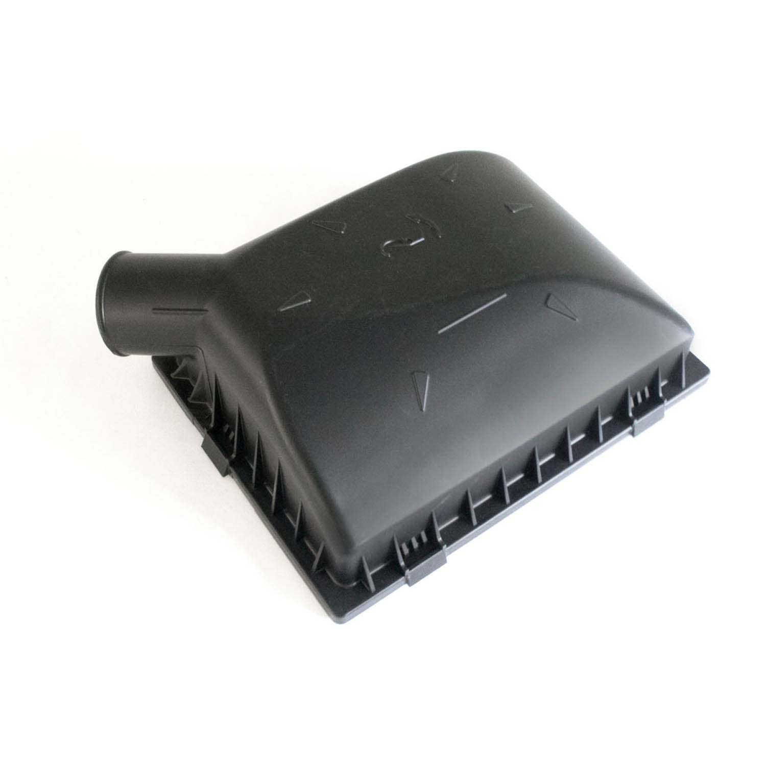 Black rectangular plastic airbox lid with angled top and side intake tube for Polaris RZR 570.
