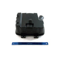 Black rectangular plastic air intake box with mounting brackets and a circular outlet tube, shown next to a blue 12-inch.