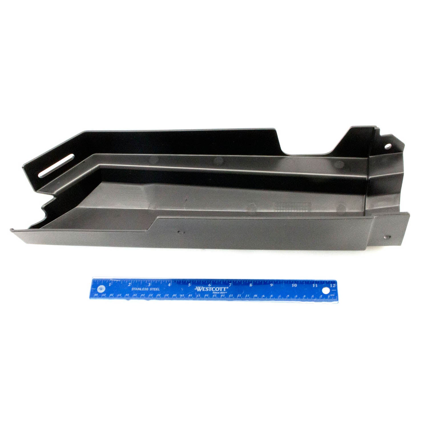 Black plastic rear upper left fender for Polaris Ranger UTV with mounting holes and angled contours.