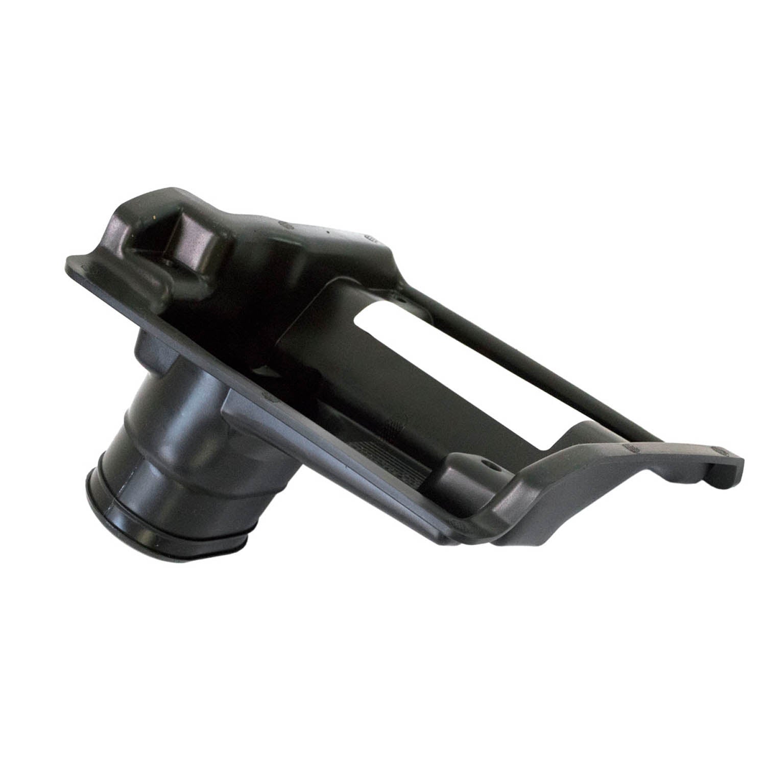 Black molded plastic clutch cover intake shield with angled flange and cylindrical duct opening.