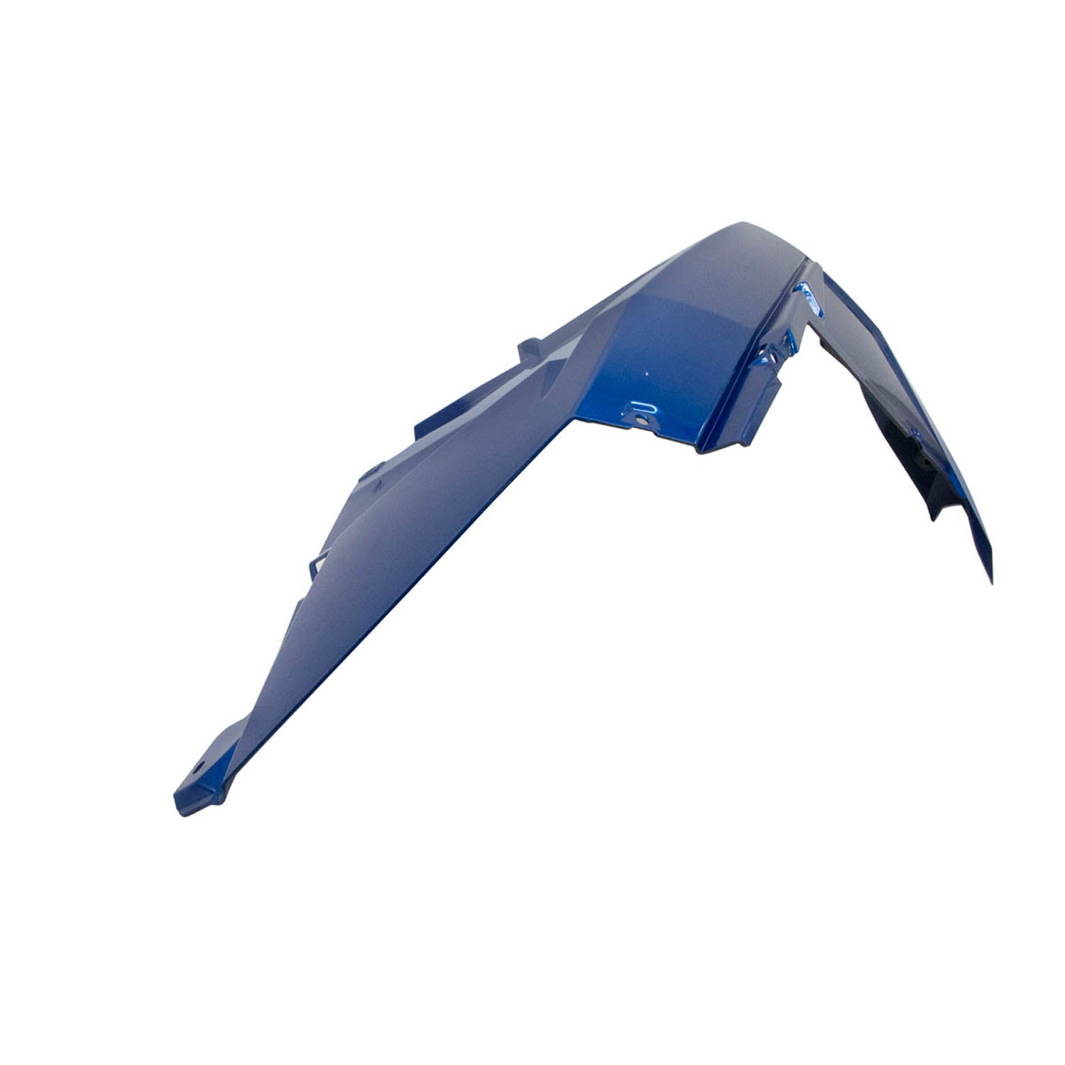 Blue molded plastic front fender with angular design and mounting points for Polaris UTV, left side.