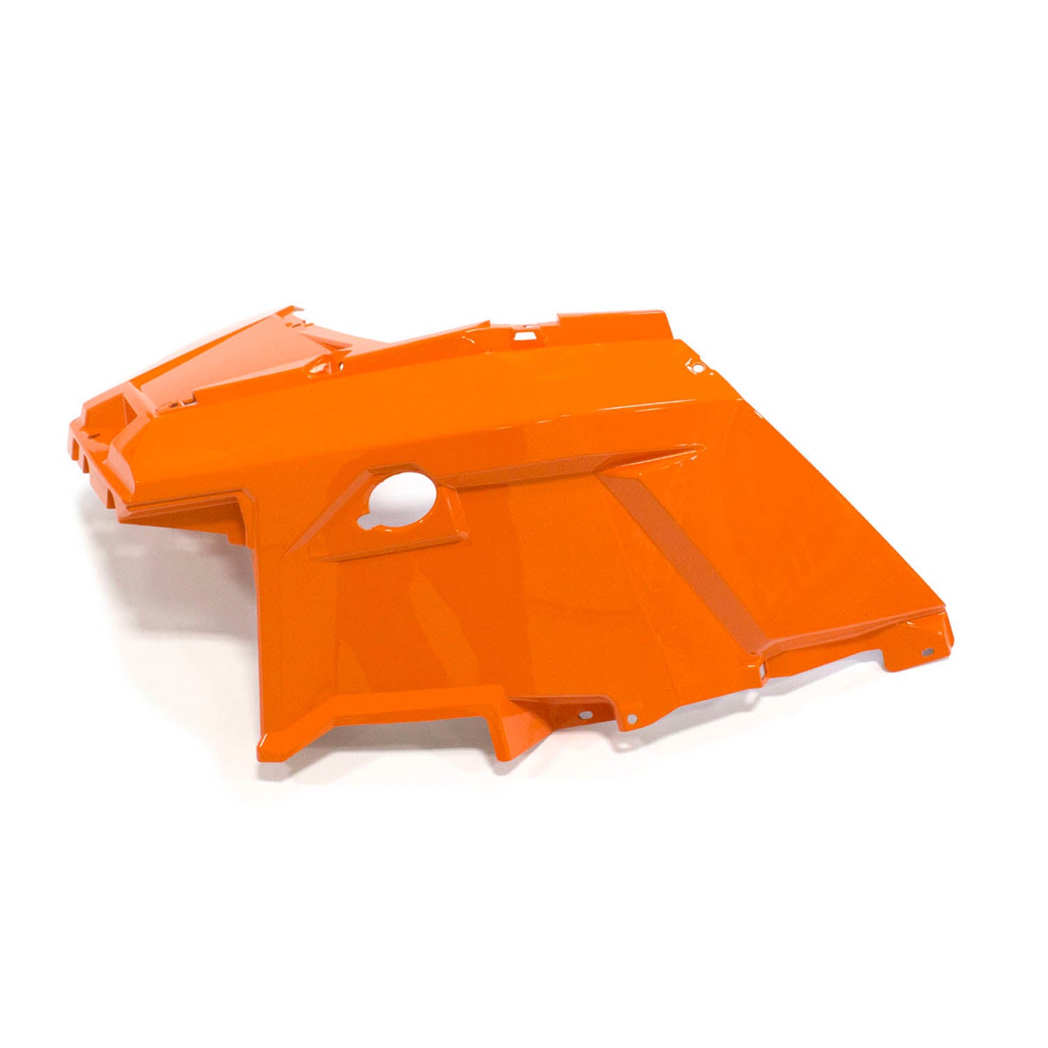Bright orange molded plastic front fender for offroad vehicle with angular design and mounting holes.
