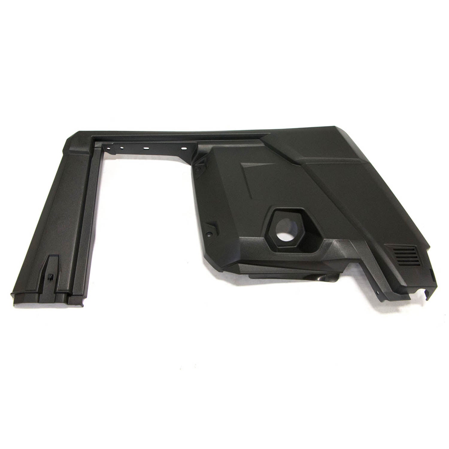 Black molded plastic rear right fender with integrated rocker for Polaris Ranger UTV.